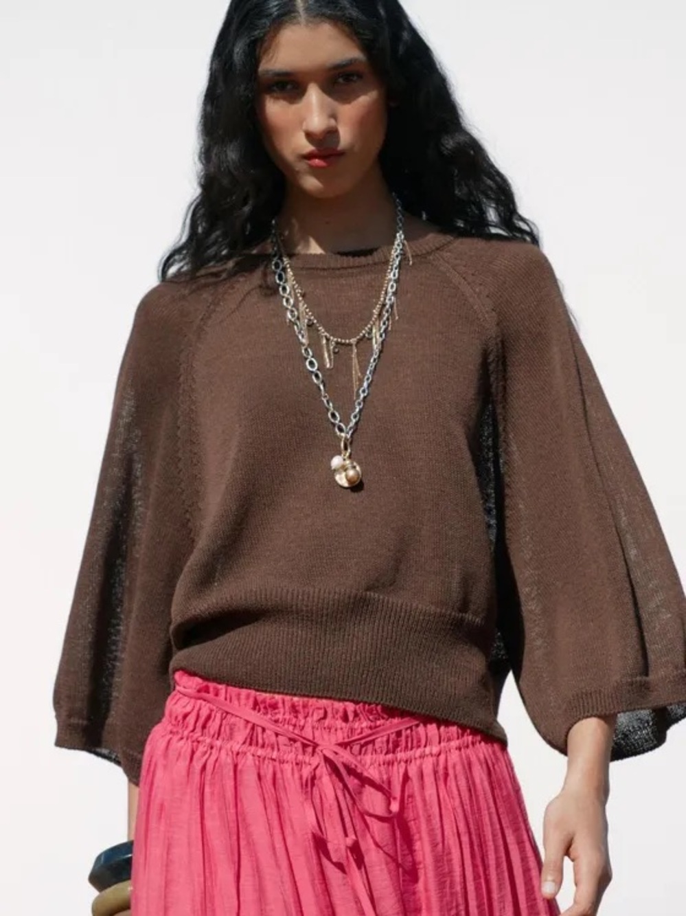 ZARA Brown Linen Blend Wide Sleeve Knit Sweater L NWT